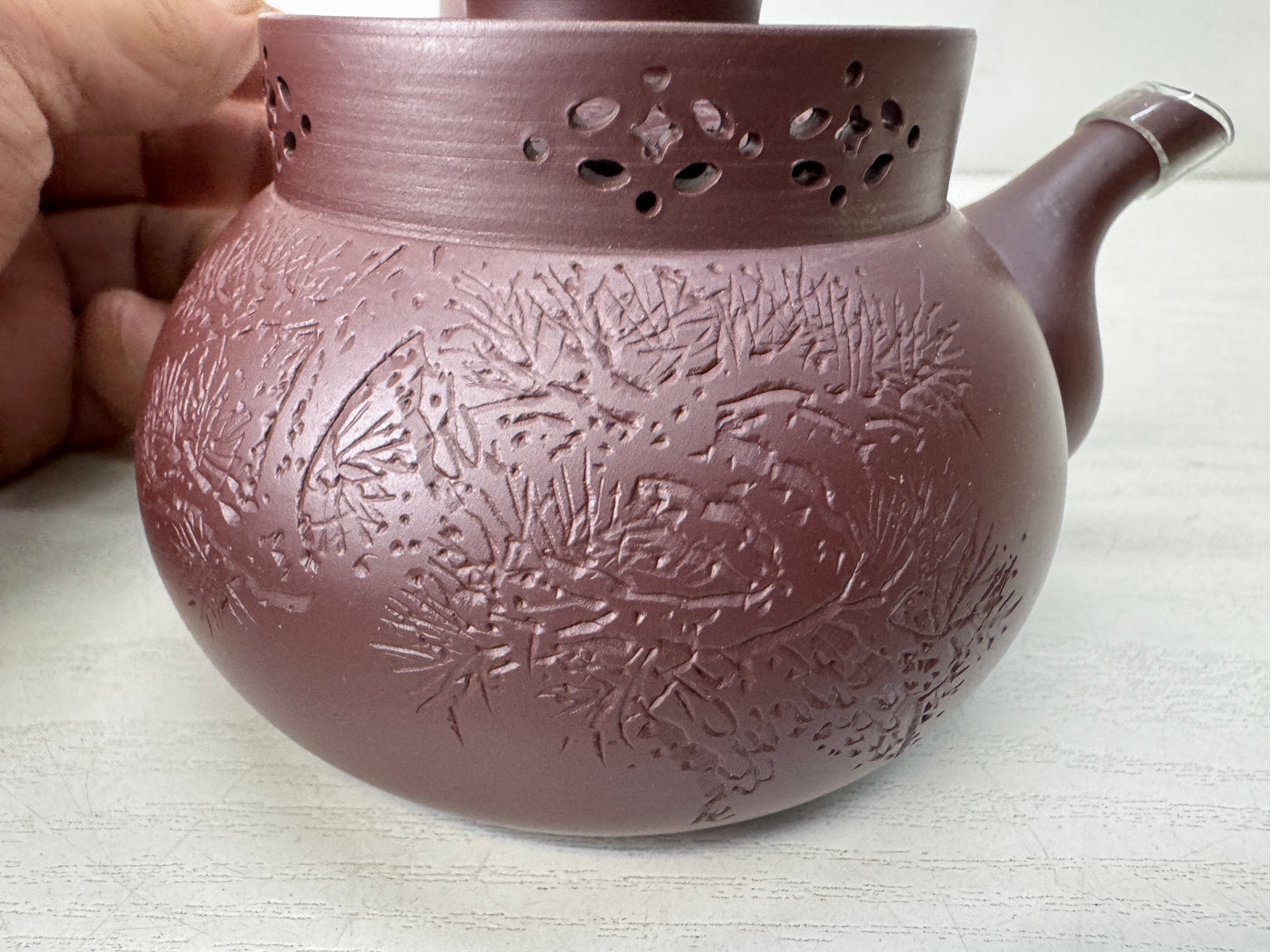 Y10626 KYUSU Banko-ware teapot signed box carved openwork Japan antique Sentcha