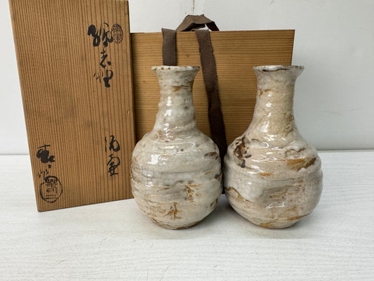 Y10629 CHOUSHI Shino-ware Eshino Sake bottle signed box Japan antique container