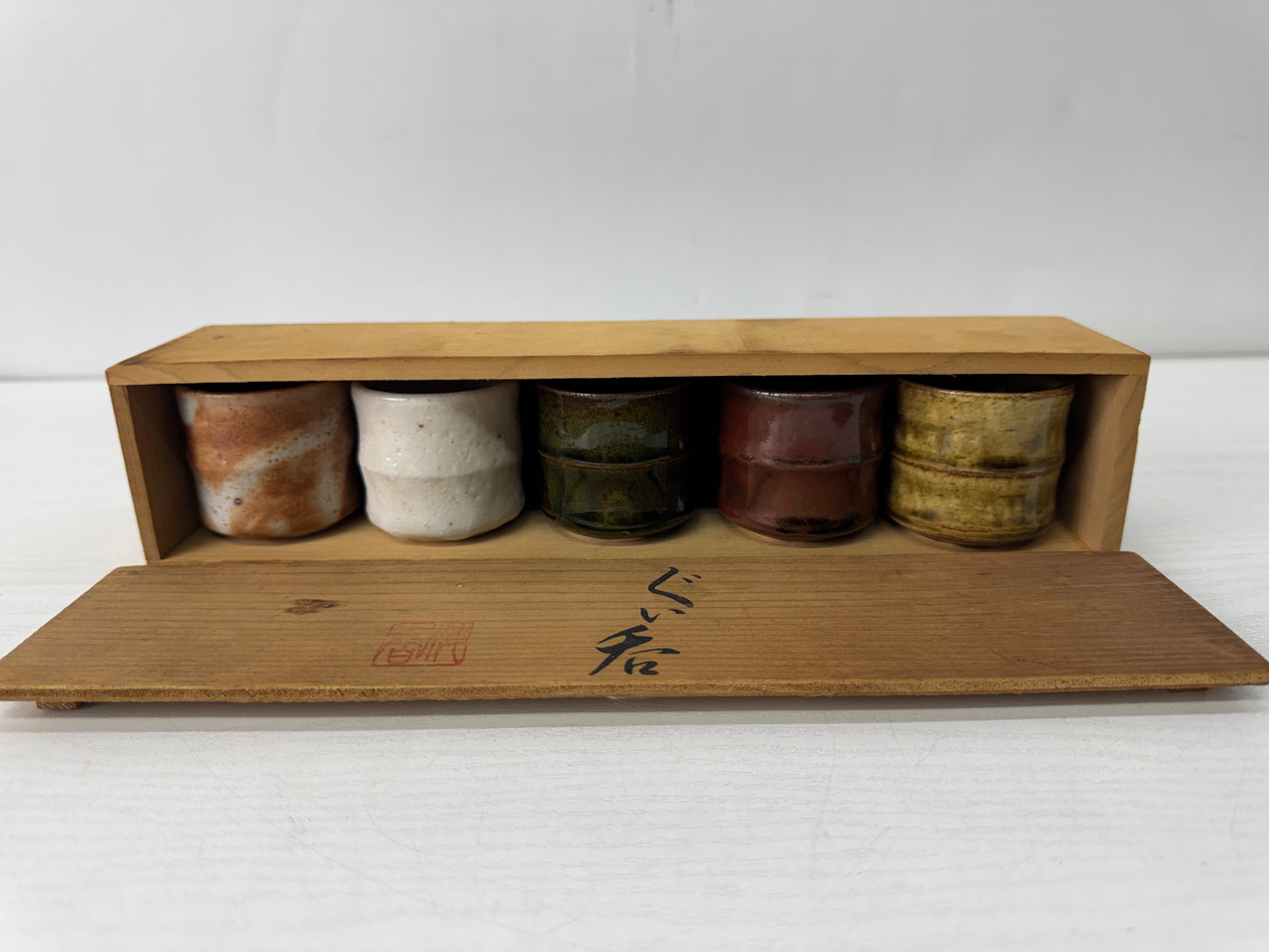 Y10630 CHAWAN Mino-ware Guinomi Sake cups set of 5 signed box Japan antique