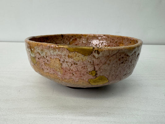 Y10635 CHAWAN Raku-ware red flat bowl signed Japan antique tea ceremony pottery