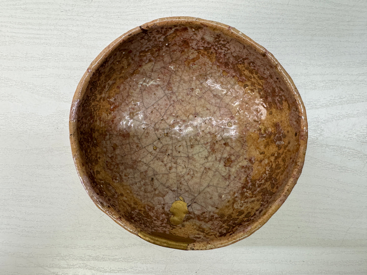 Y10635 CHAWAN Raku-ware red flat bowl signed Japan antique tea ceremony pottery