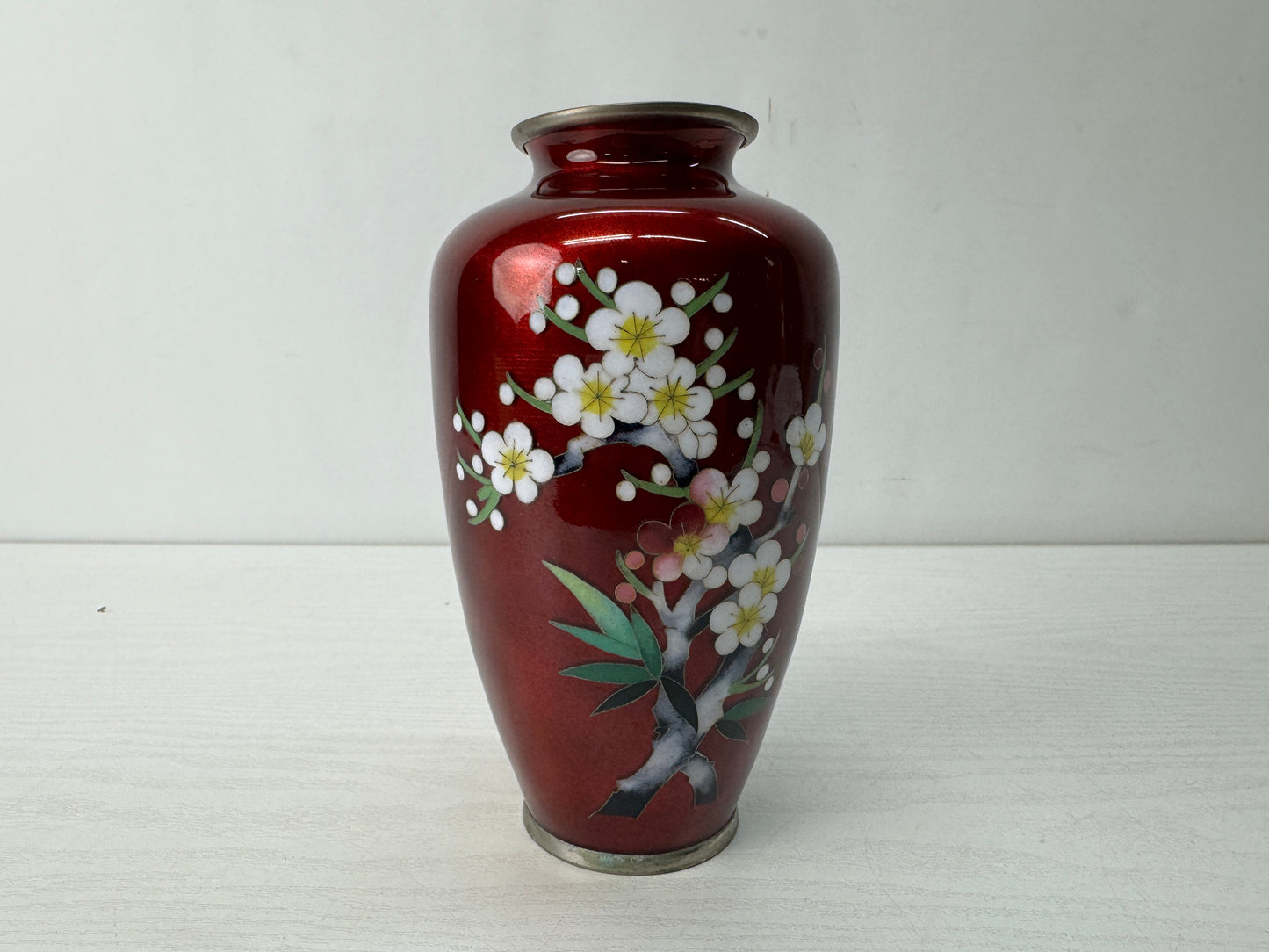 Y10638 FLOWER VASE Cloisonne red Japan antique ikebana floral arrangement decor