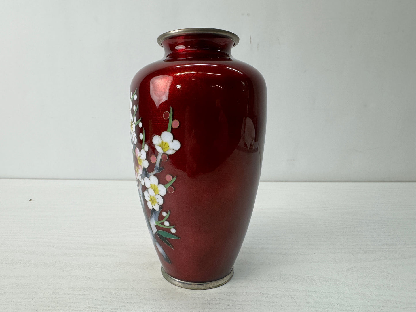 Y10638 FLOWER VASE Cloisonne red Japan antique ikebana floral arrangement decor
