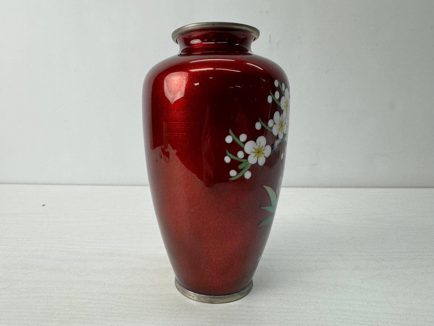 Y10638 FLOWER VASE Cloisonne red Japan antique ikebana floral arrangement decor