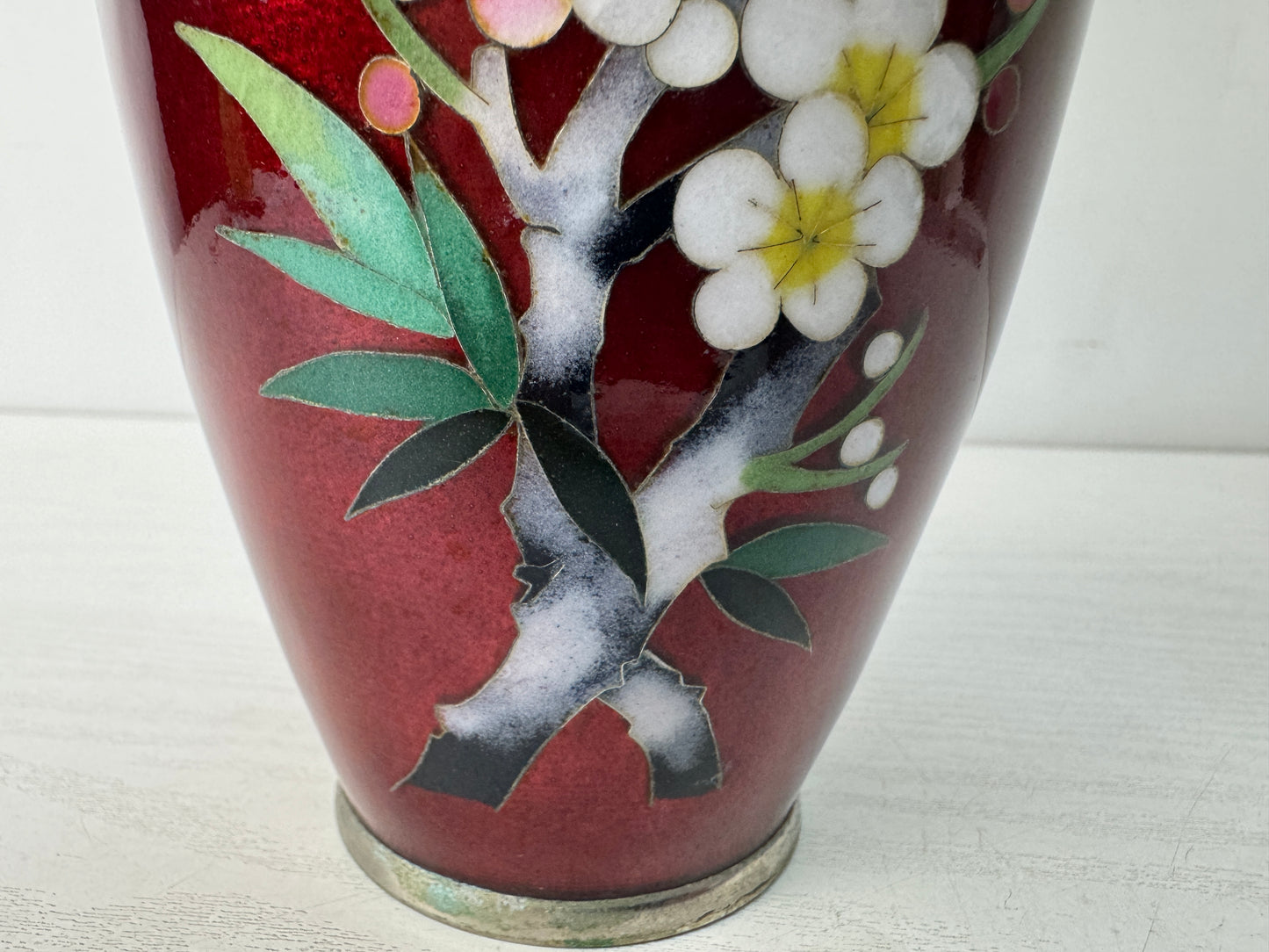 Y10638 FLOWER VASE Cloisonne red Japan antique ikebana floral arrangement decor