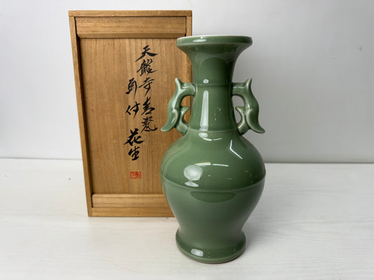 Y10640 FLOWER VASE Kyo-ware celadon signed box Japan antique ikebana interior