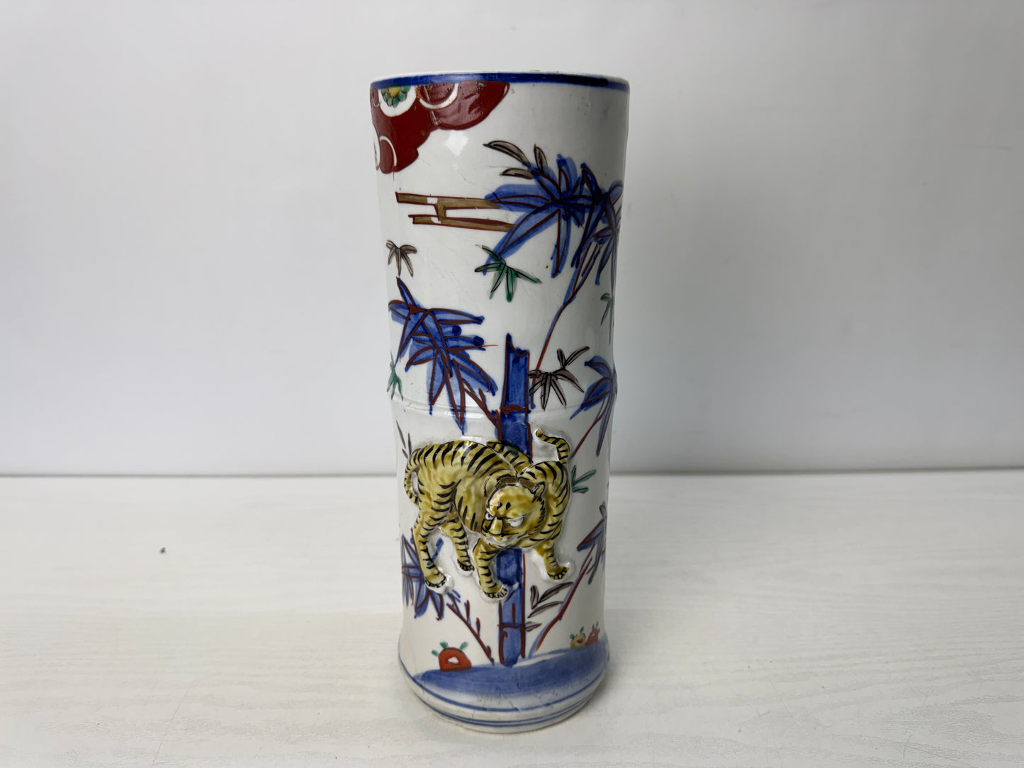 Y10643 FLOWER VASE Seto-ware Bamboo Tiger Japan antique ikebana floral decor