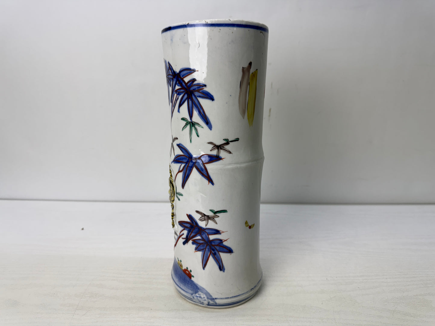 Y10643 FLOWER VASE Seto-ware Bamboo Tiger Japan antique ikebana floral decor