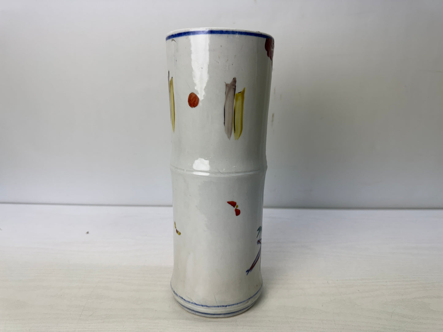 Y10643 FLOWER VASE Seto-ware Bamboo Tiger Japan antique ikebana floral decor