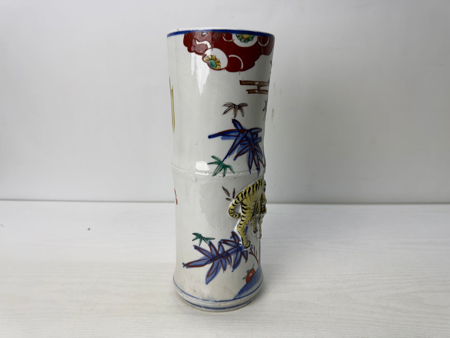 Y10643 FLOWER VASE Seto-ware Bamboo Tiger Japan antique ikebana floral decor