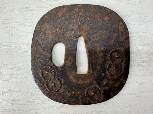 Y10658 TSUBA Iron sword guard Flower inlay Japan antique samurai katana koshirae