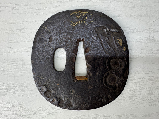 Y10660 TSUBA Iron sword guard Inlay Japan antique samurai katana koshirae bushi