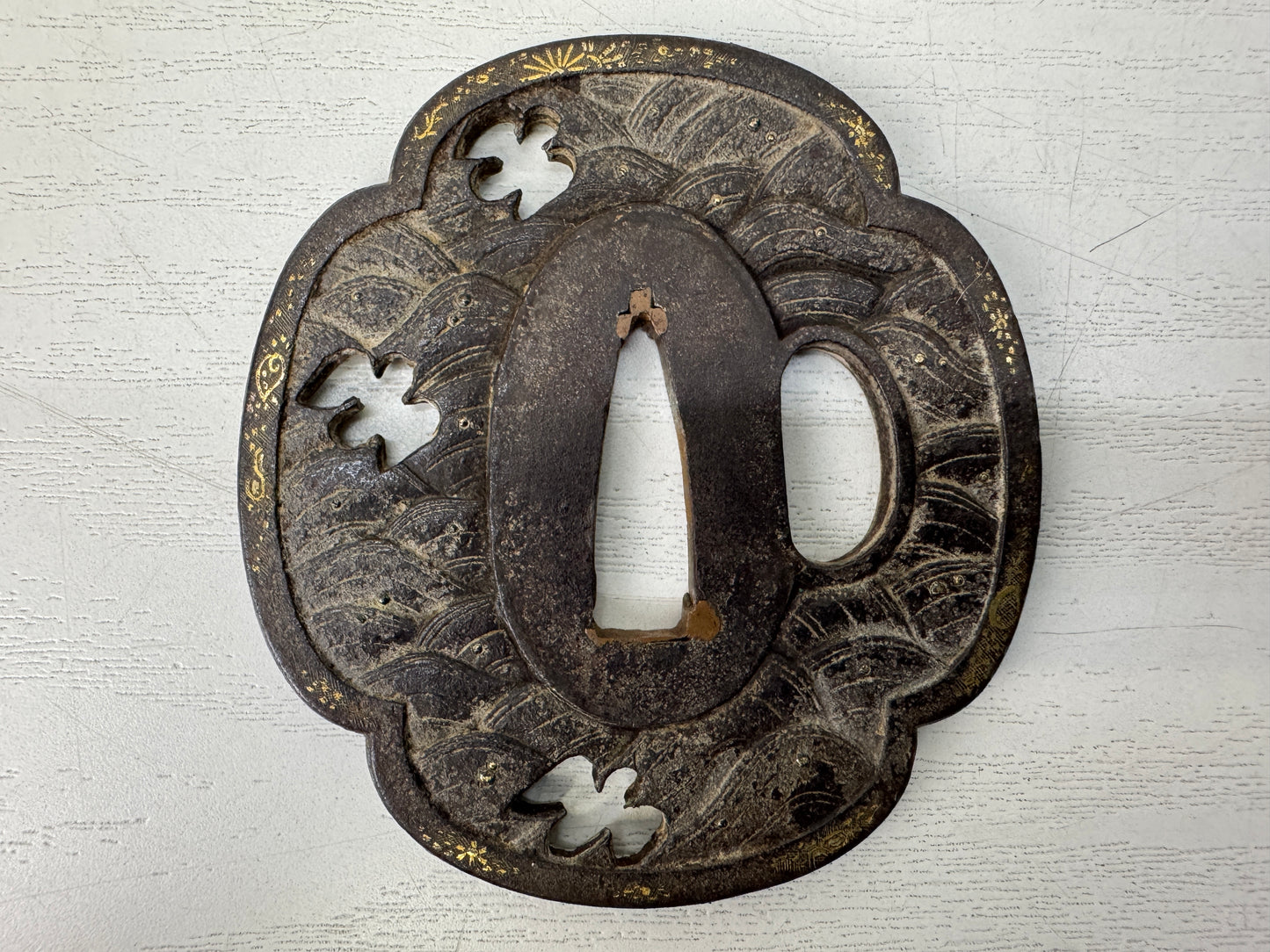 Y10661 TSUBA Iron Wakizashi sword guard Japan antique samurai katana koshirae