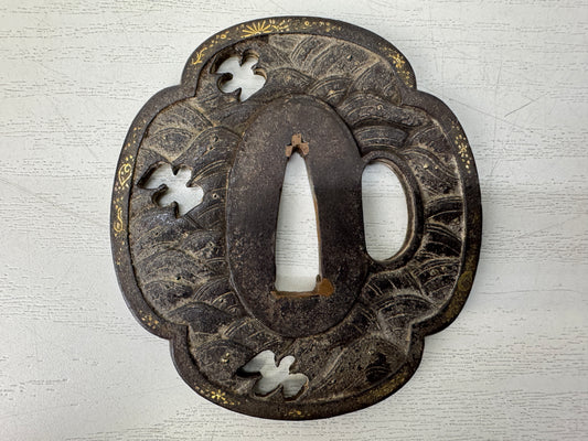 Y10661 TSUBA Iron Wakizashi sword guard Japan antique samurai katana koshirae