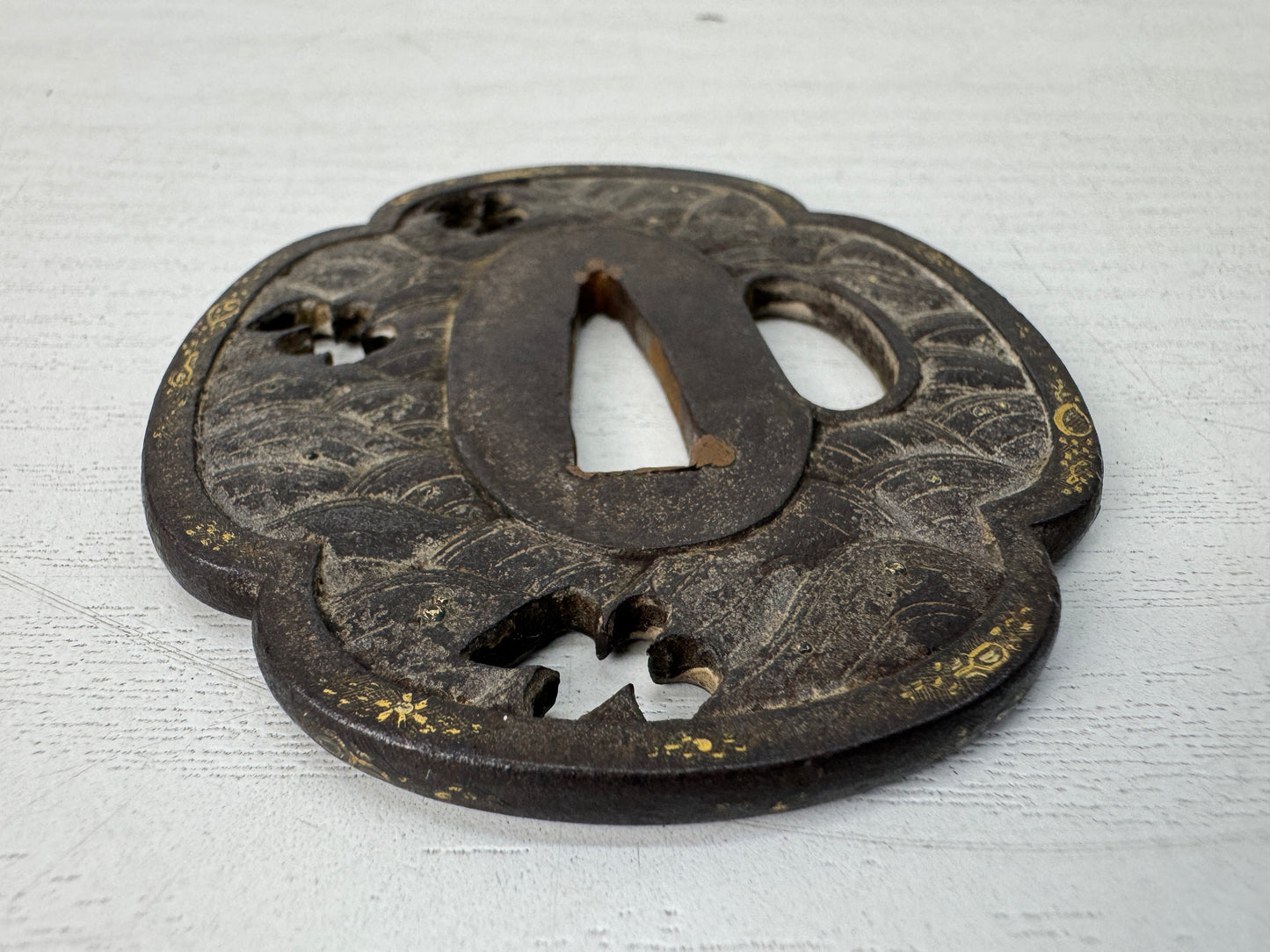 Y10661 TSUBA Iron Wakizashi sword guard Japan antique samurai katana koshirae