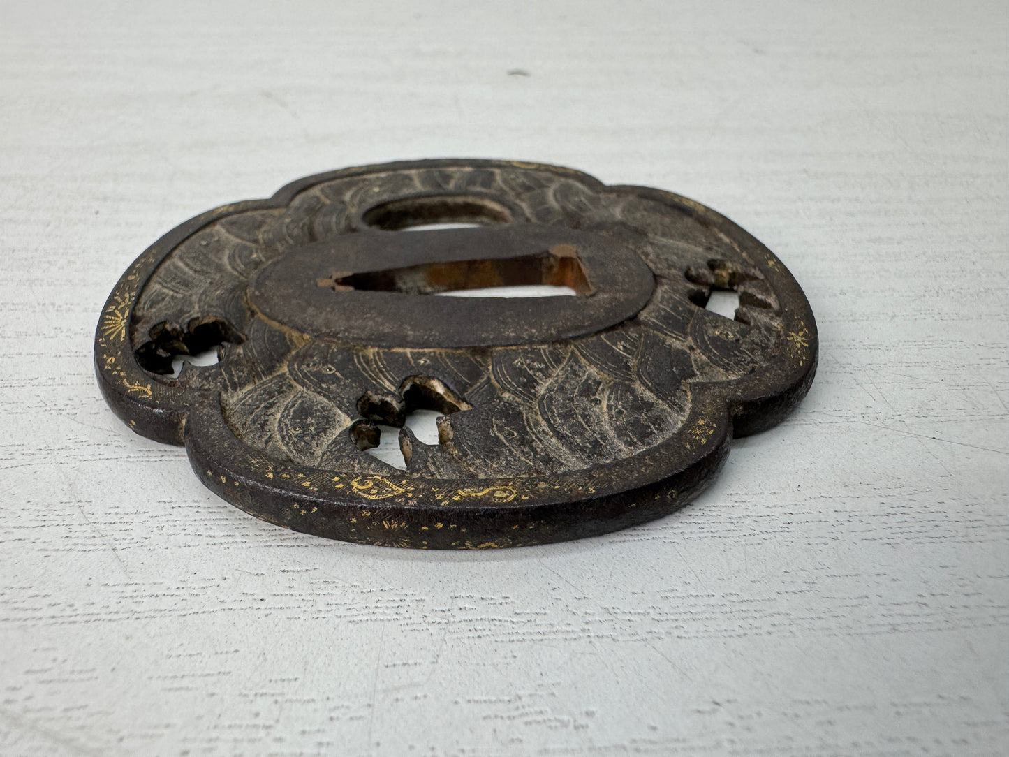 Y10661 TSUBA Iron Wakizashi sword guard Japan antique samurai katana koshirae