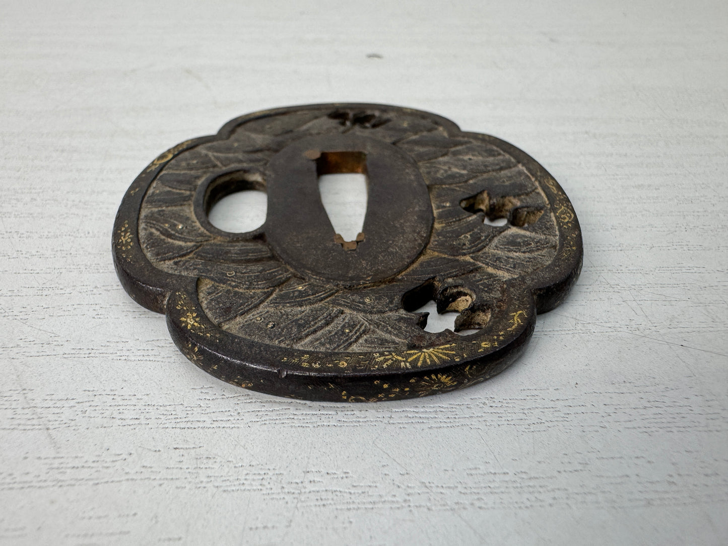 Y10661 TSUBA Iron Wakizashi sword guard Japan antique samurai katana koshirae