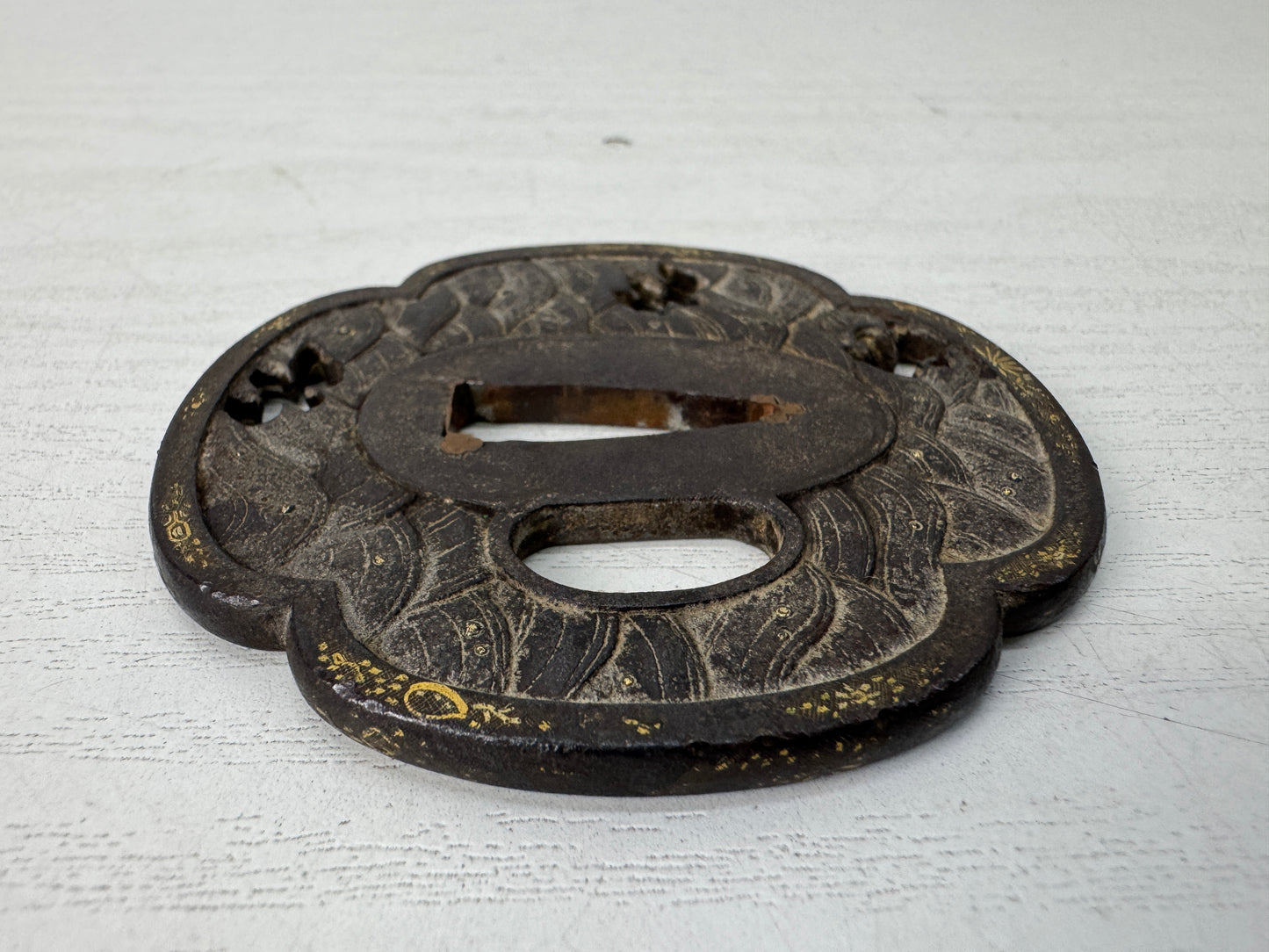 Y10661 TSUBA Iron Wakizashi sword guard Japan antique samurai katana koshirae