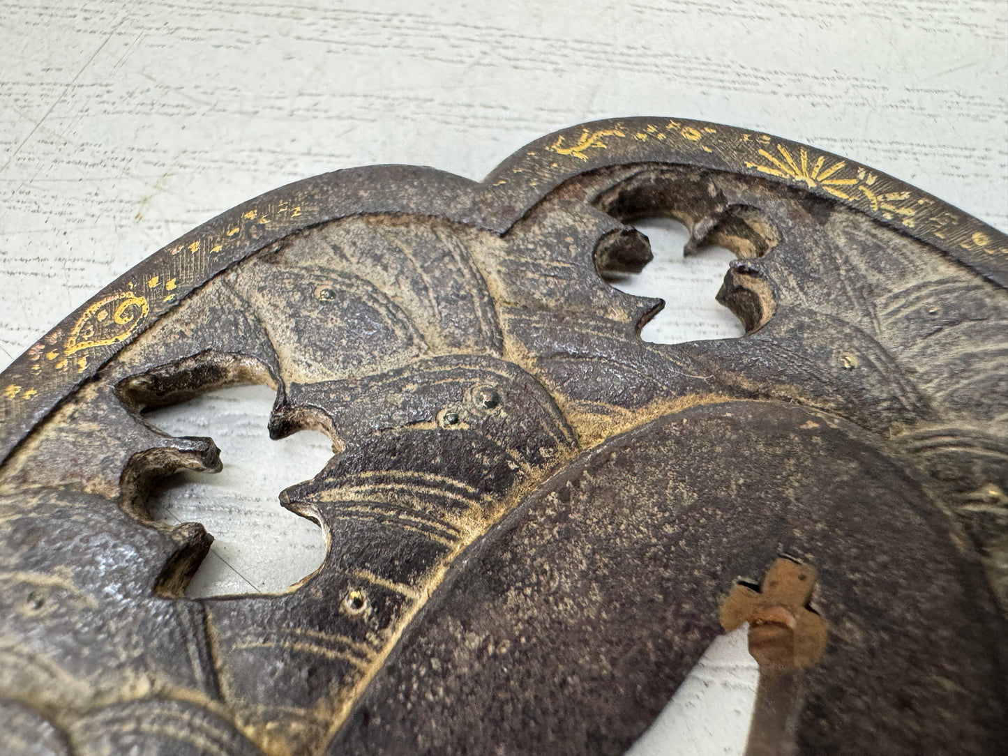 Y10661 TSUBA Iron Wakizashi sword guard Japan antique samurai katana koshirae
