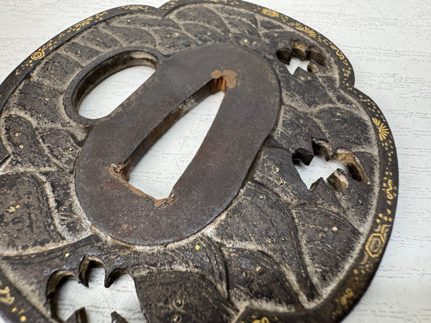 Y10661 TSUBA Iron Wakizashi sword guard Japan antique samurai katana koshirae