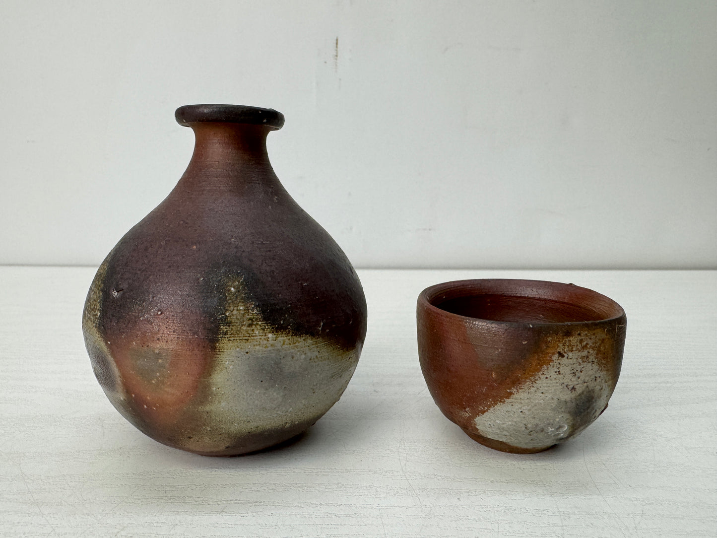 Y10667 CHOUSHI Bizen-ware Sake bottle cup signed box Japan antique tableware