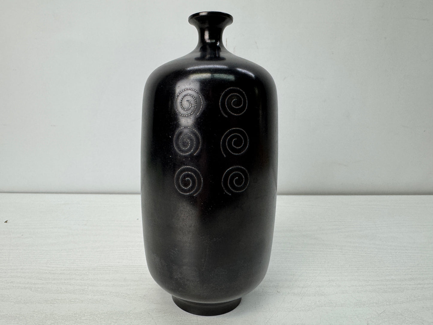 Y10668 FLOWER VASE Copper spiral inlay signed box Japan antique ikebana floral