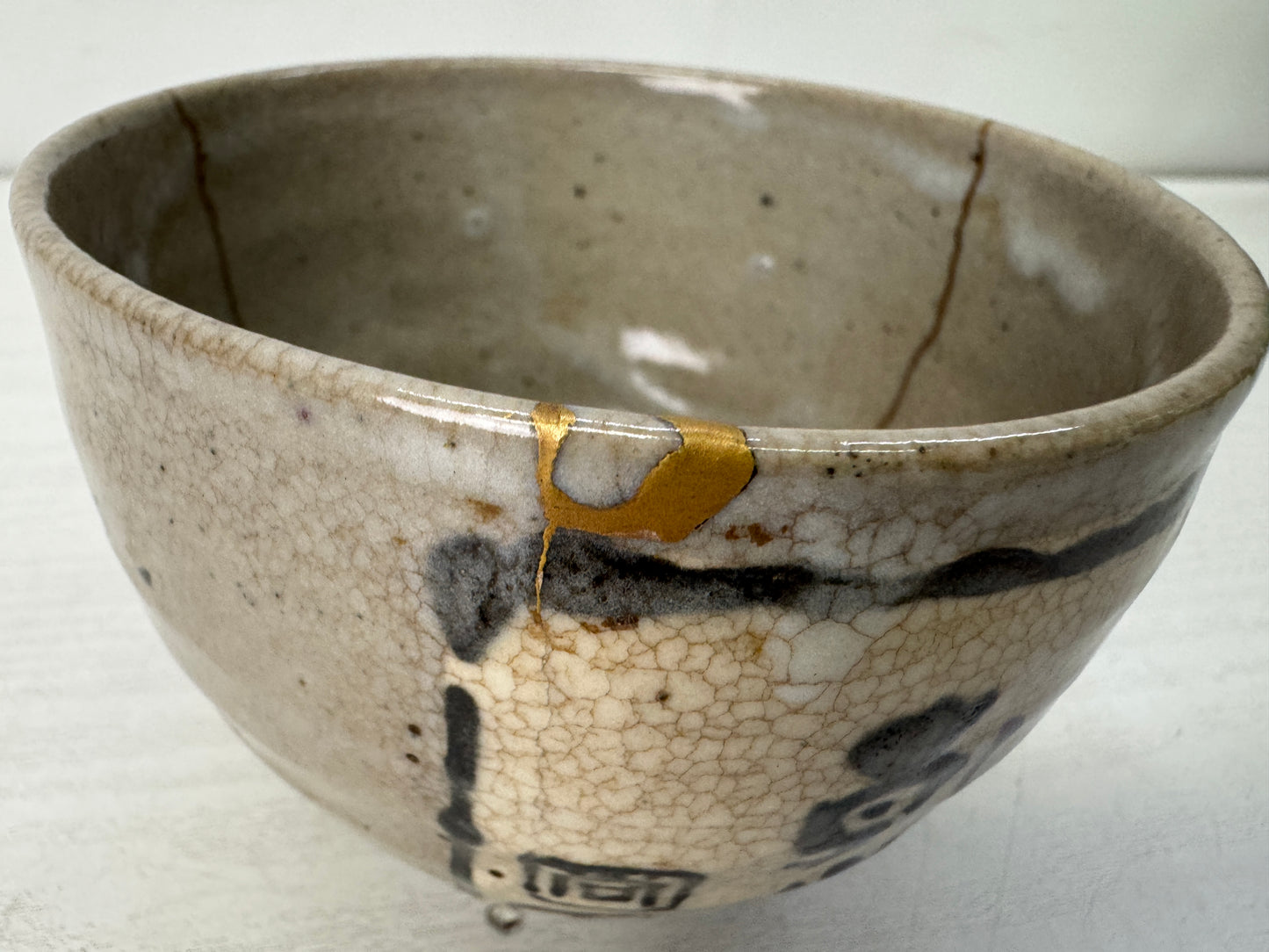 Y10669 CHAWAN Kyo-ware kintsugi bowl signed box Japan antique tea ceremony