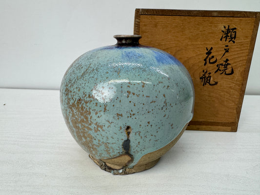 Y10672 FLOWER VASE Seto-ware round single bud box kintsugi Japan antique ikebana