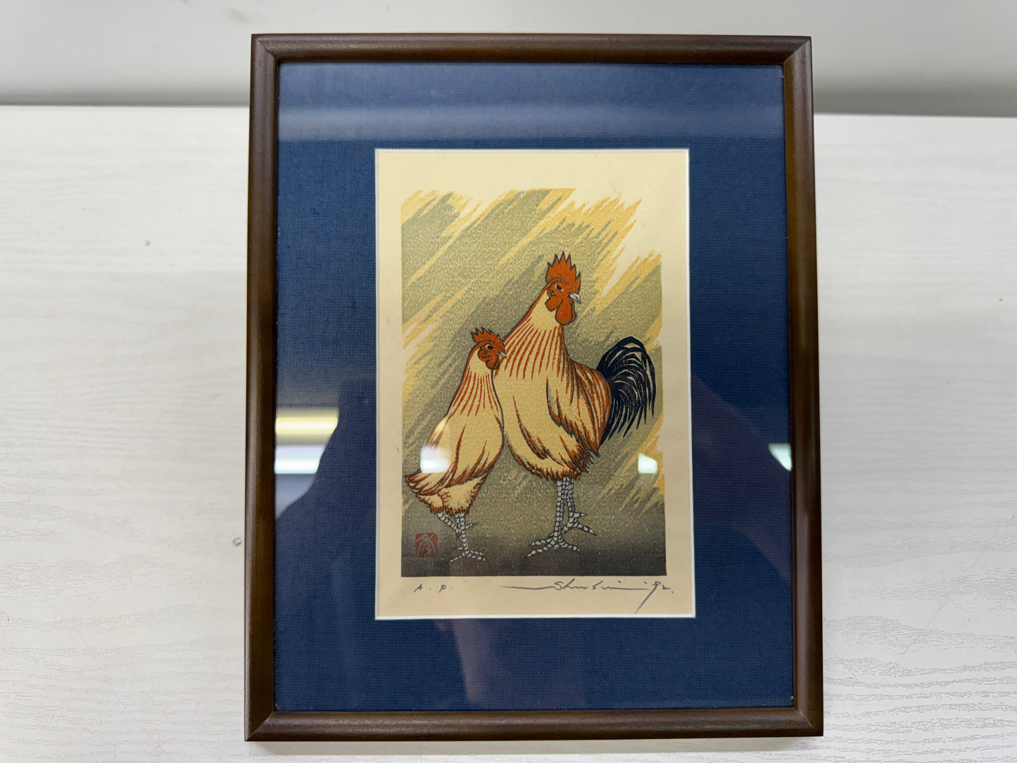 Y10684 WOODBLOCK PRINT Rooster Taki Shusui small frame Japan Ukiyoe art interior