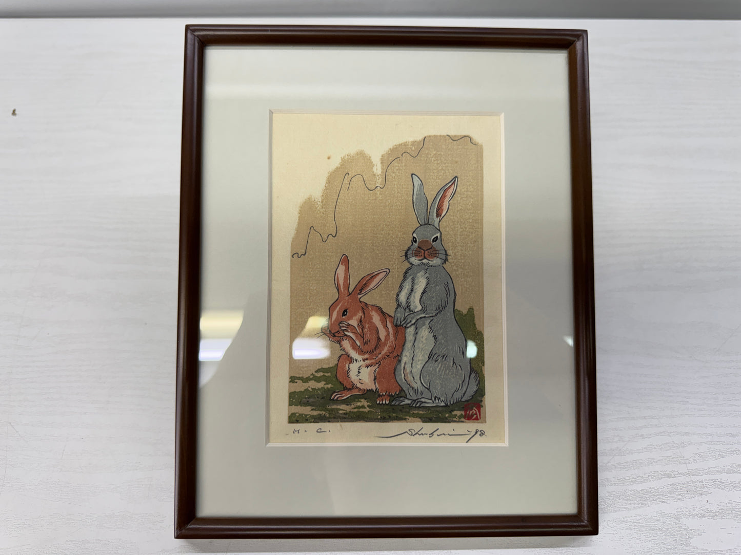 Y10685 WOODBLOCK PRINT Rabbit Taki Shusui small frame Japan Ukiyoe art interior