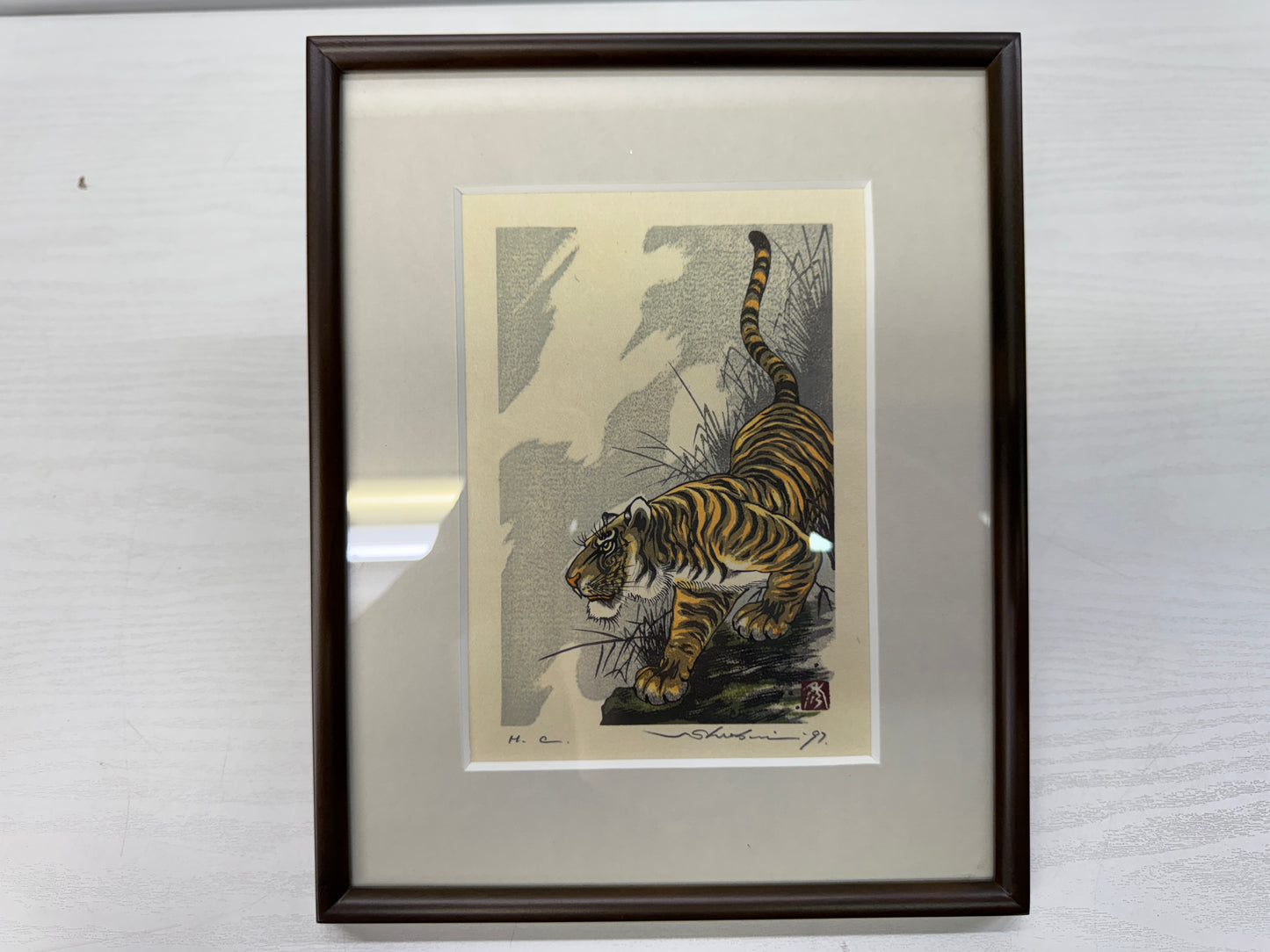 Y10686 WOODBLOCK PRINT Tiger Taki Shusui small frame Japan Ukiyoe art interior