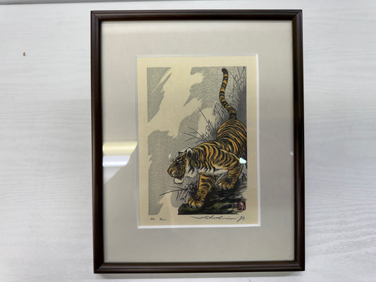 Y10686 WOODBLOCK PRINT Tiger Taki Shusui small frame Japan Ukiyoe art interior