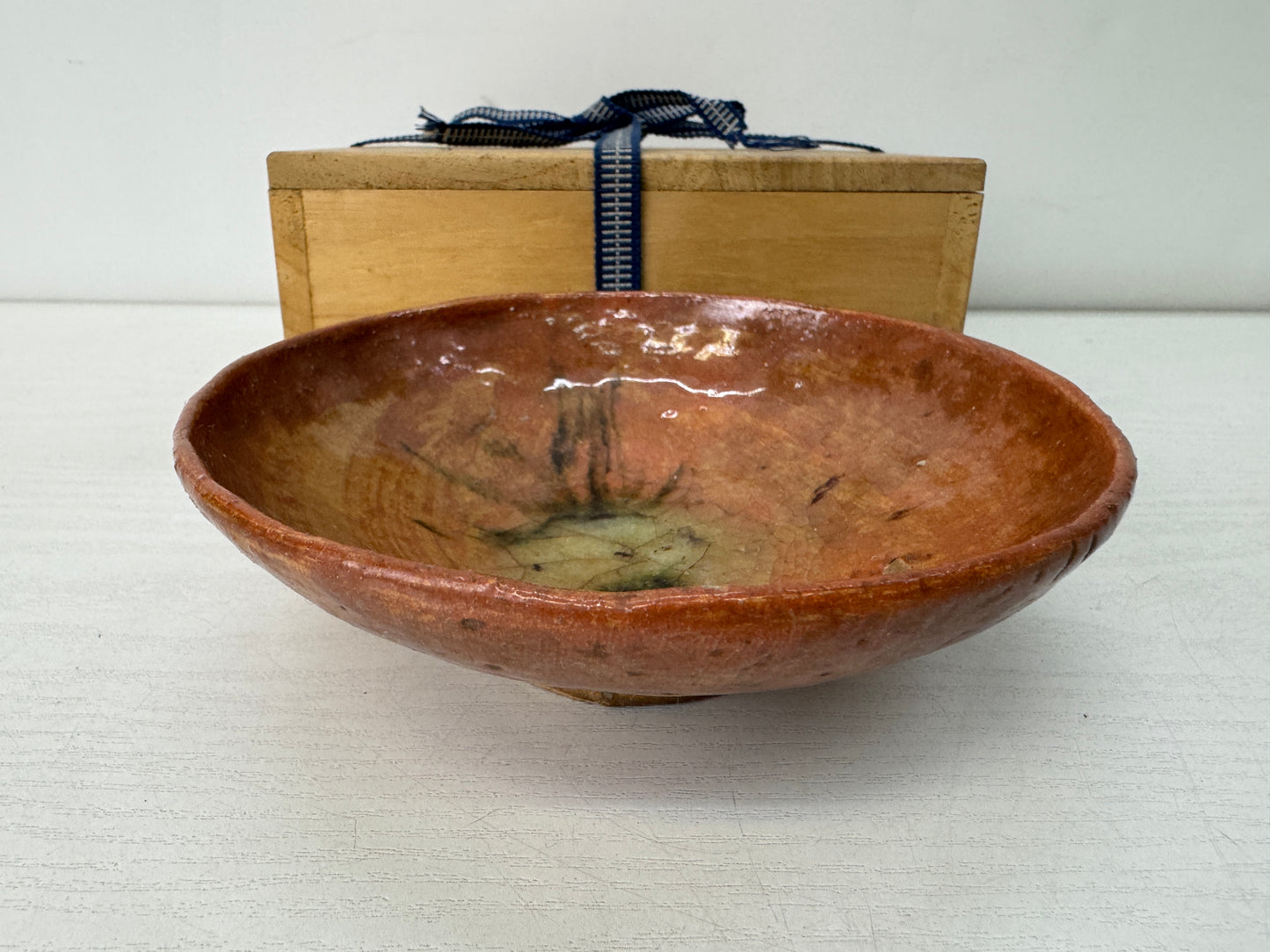 Y10689 CHAWAN Raku-ware Red flat bowl signed box Japan antique tea ceremony cup