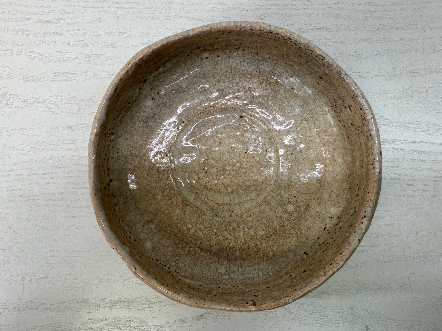 Y10690 CHAWAN Raku-ware White flat bowl signed Japan antique tea ceremony cup
