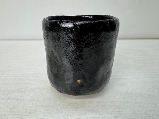 Y10691 CHAWAN Raku-ware Black tube bowl signed Japan antique tea ceremony cup