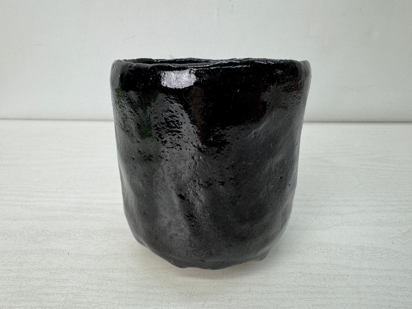 Y10691 CHAWAN Raku-ware Black tube bowl signed Japan antique tea ceremony cup