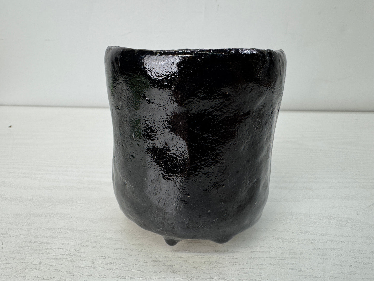 Y10691 CHAWAN Raku-ware Black tube bowl signed Japan antique tea ceremony cup