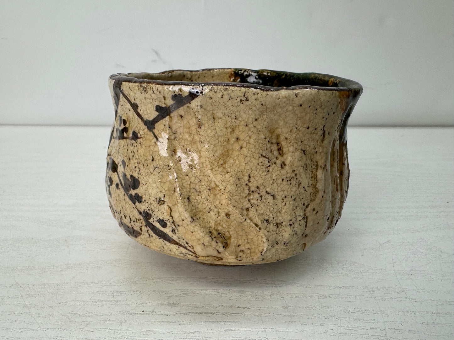 Y10693 CHAWAN Oribe-ware bowl signed box Japan antique tea ceremony pottery cup