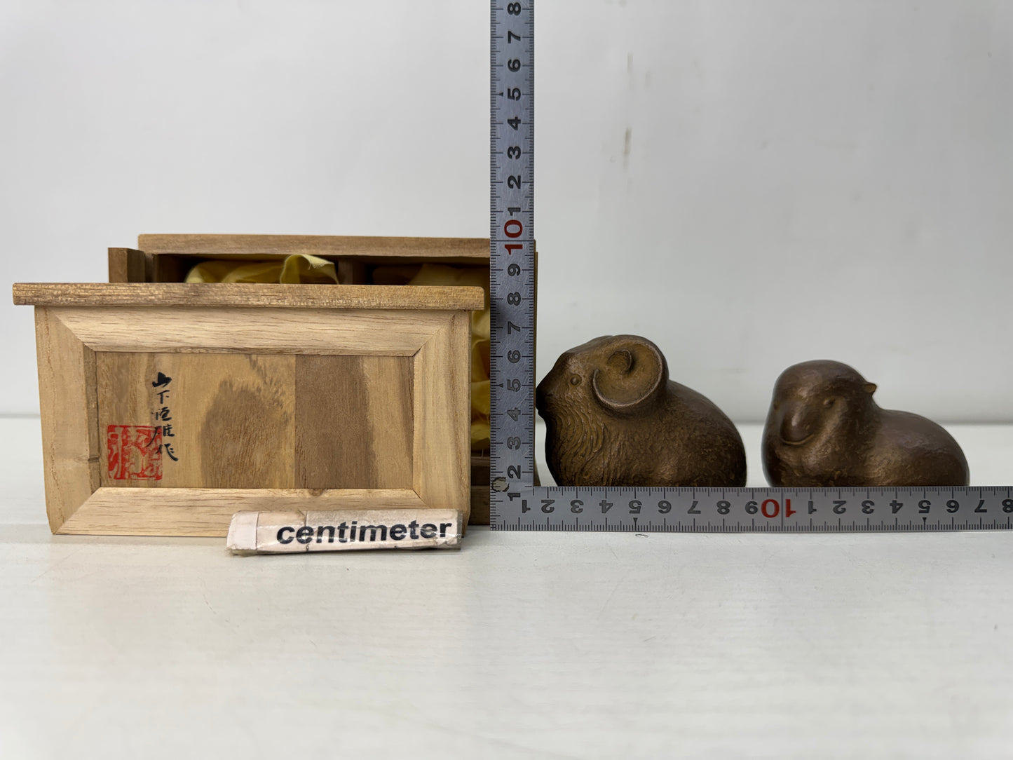 Y10698 OKIMONO Copper Sheep figurine 2 pieces signed box Japan antique interior