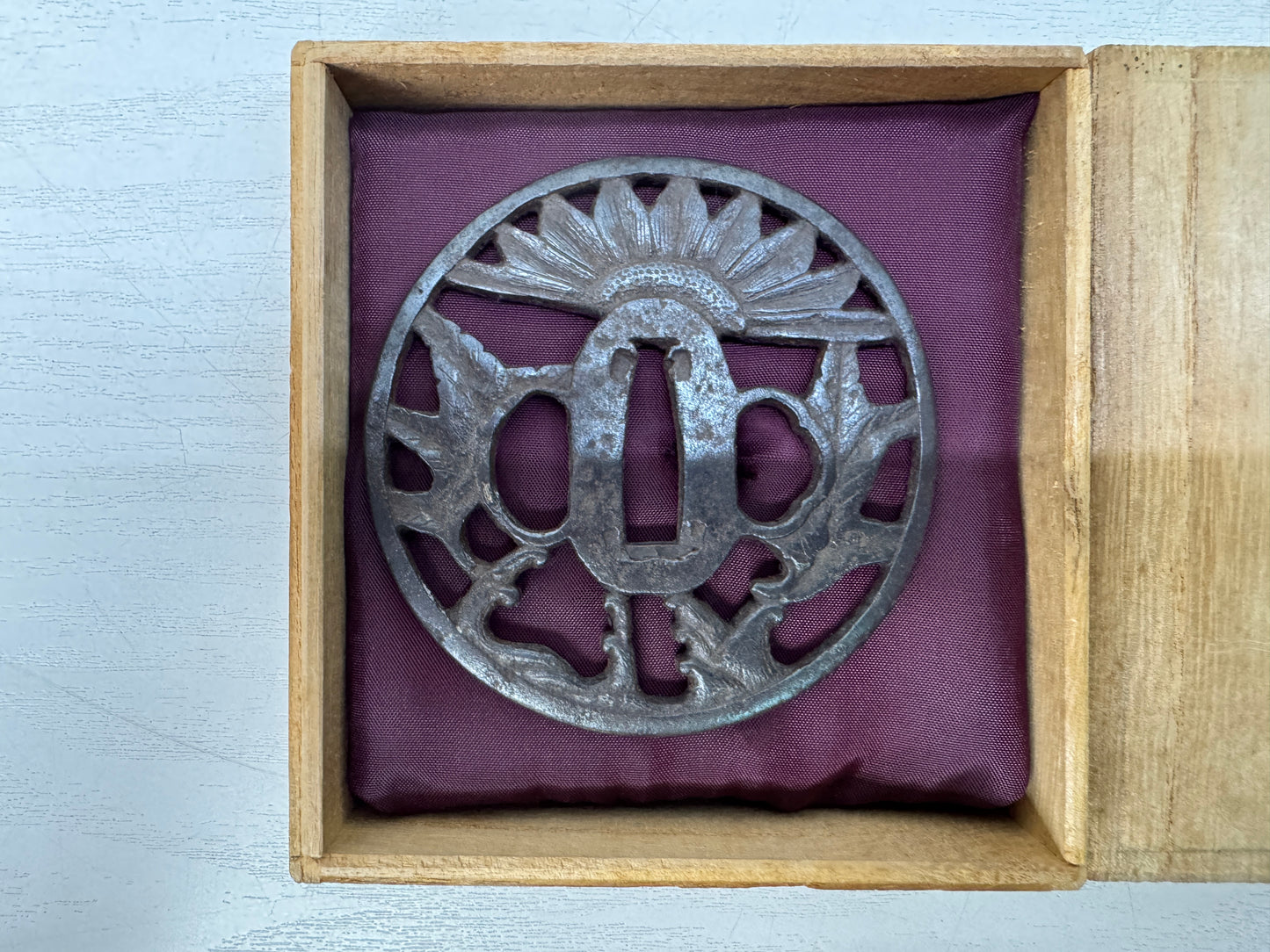 Y10701 TSUBA Iron Sword guard openwork box Japan antique samurai katana koshirae