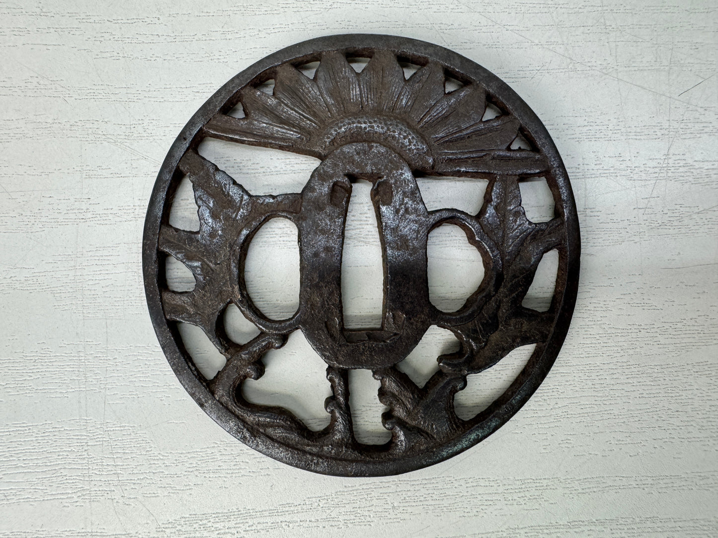 Y10701 TSUBA Iron Sword guard openwork box Japan antique samurai katana koshirae