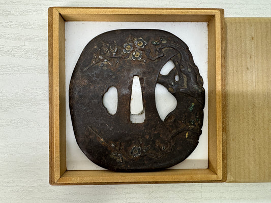 Y10702 TSUBA Iron Large sword guard box Japan antique samurai katana koshirae