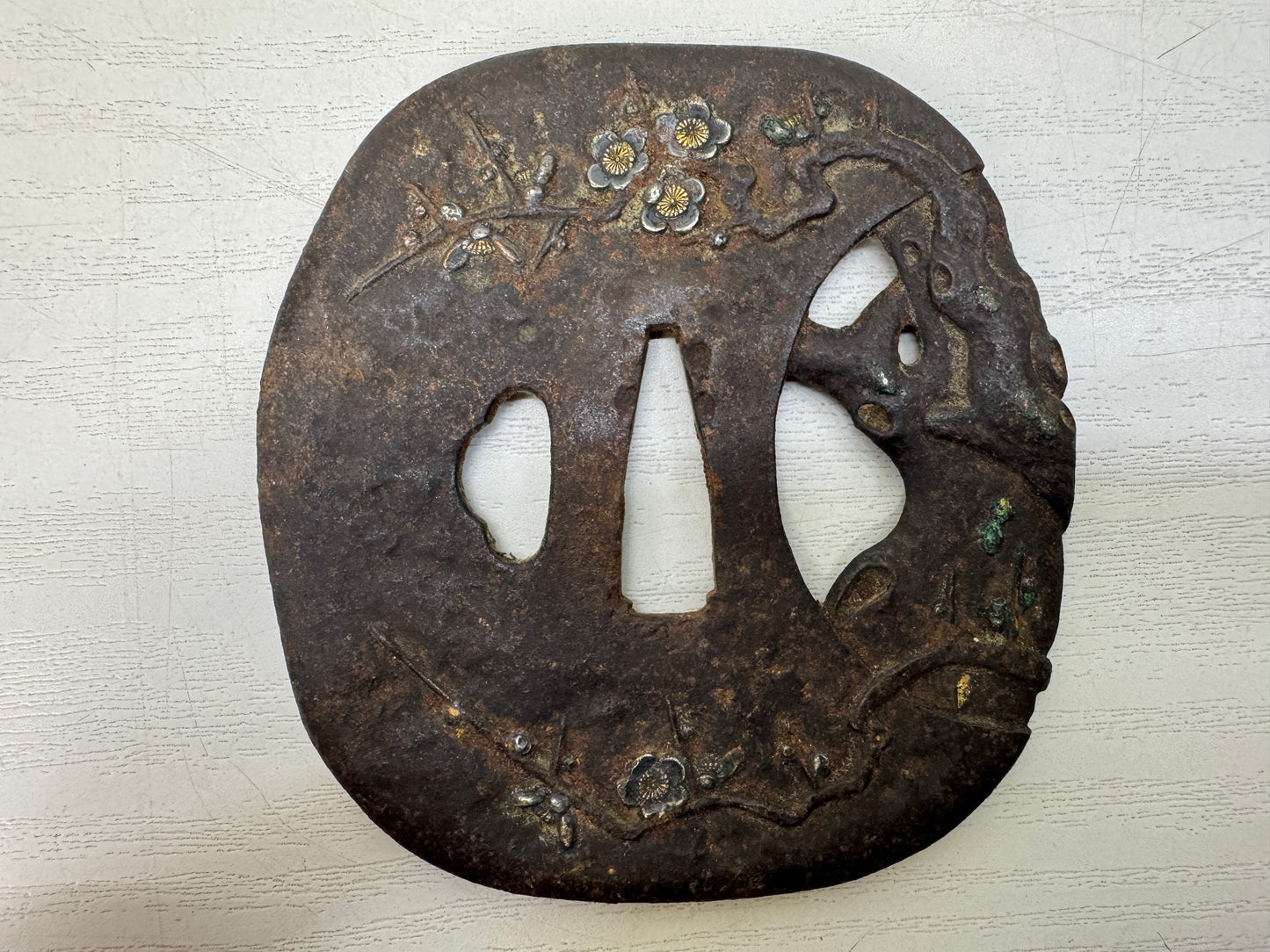 Y10702 TSUBA Iron Large sword guard box Japan antique samurai katana koshirae