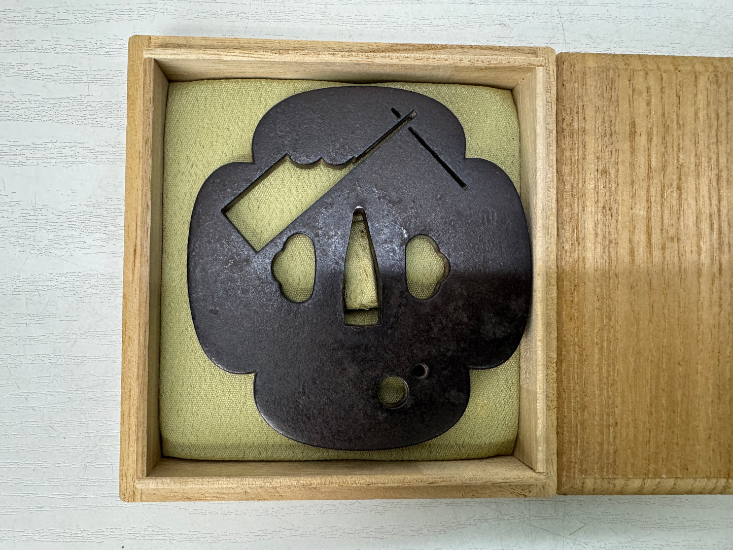 Y10703 TSUBA Iron Large sword guard openwork box Japan antique samurai katana