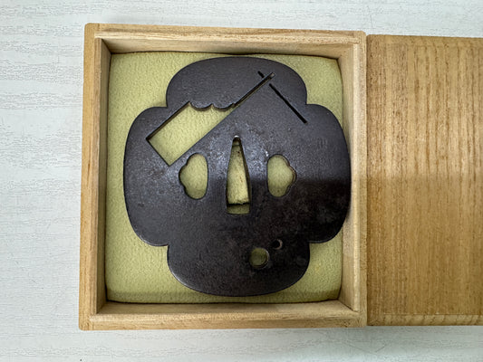Y10703 TSUBA Iron Large sword guard openwork box Japan antique samurai katana