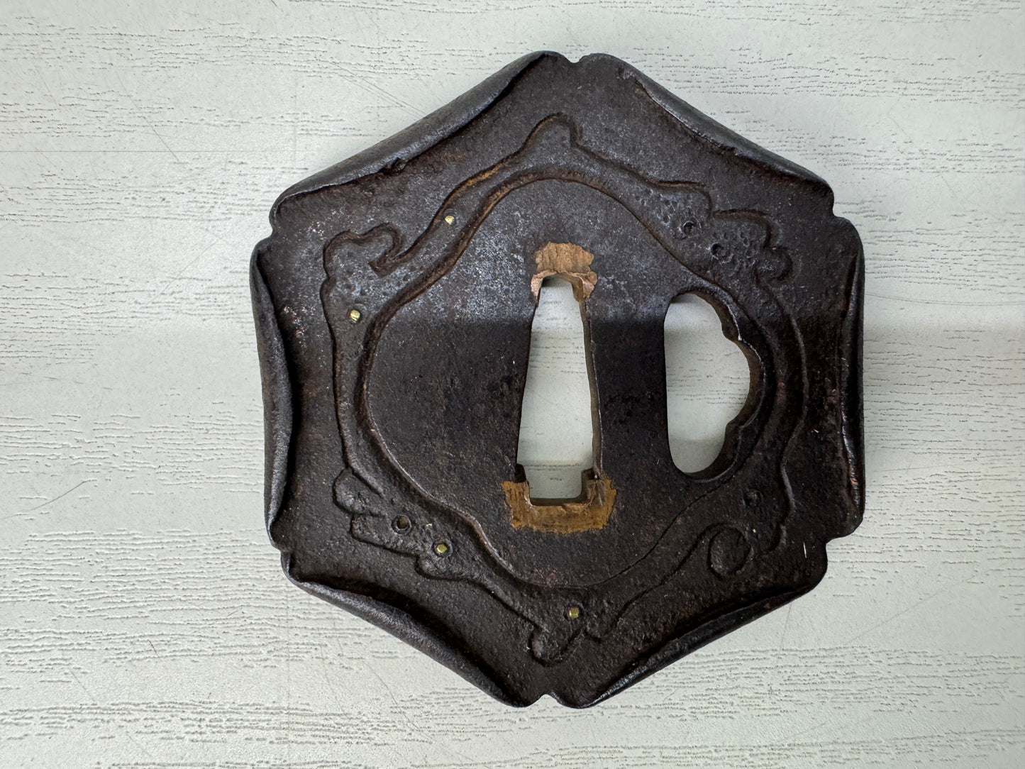Y10705 TSUBA hexagonal Iron sword guard Inlay box Japan antique samurai katana
