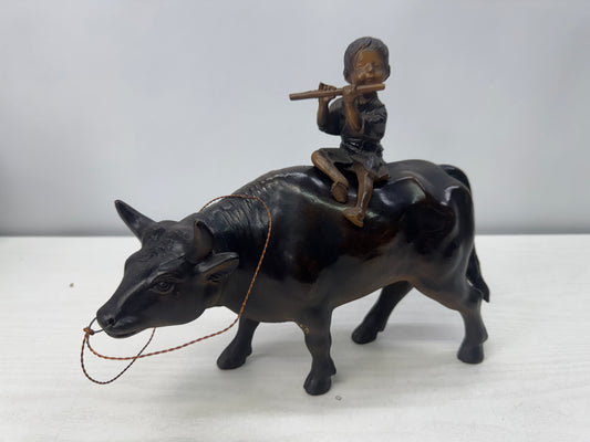 Y10707 OKIMONO Cast Iron figurine Ox Boy figure Japan antique interior ornament