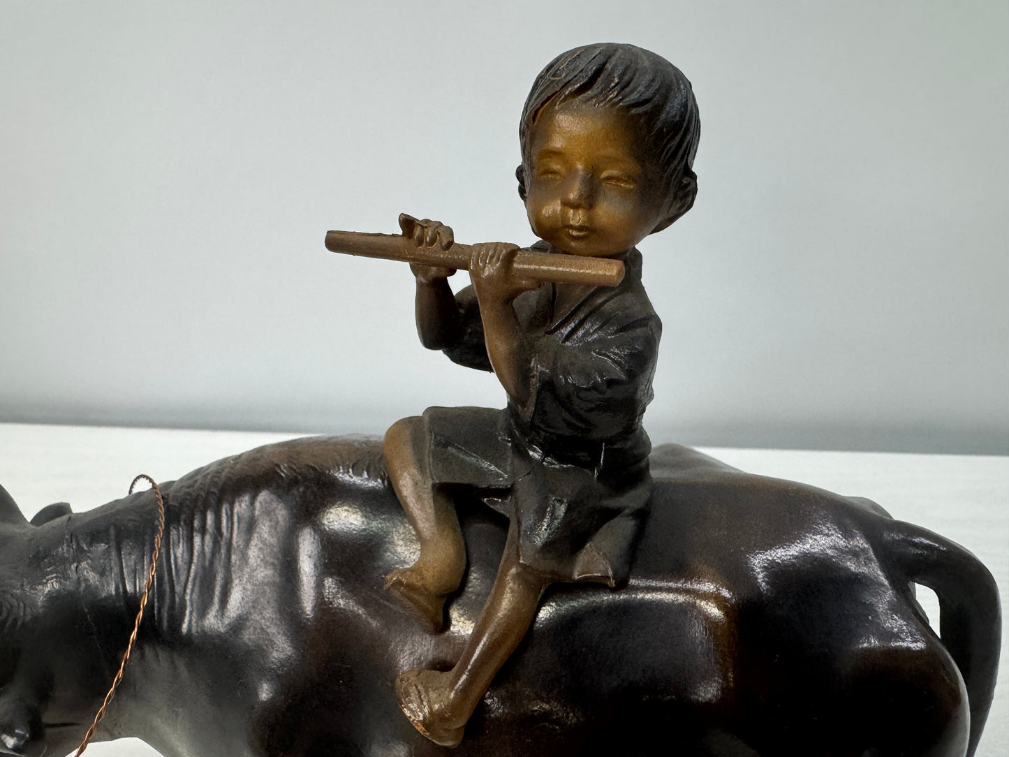 Y10707 OKIMONO Cast Iron figurine Ox Boy figure Japan antique interior ornament