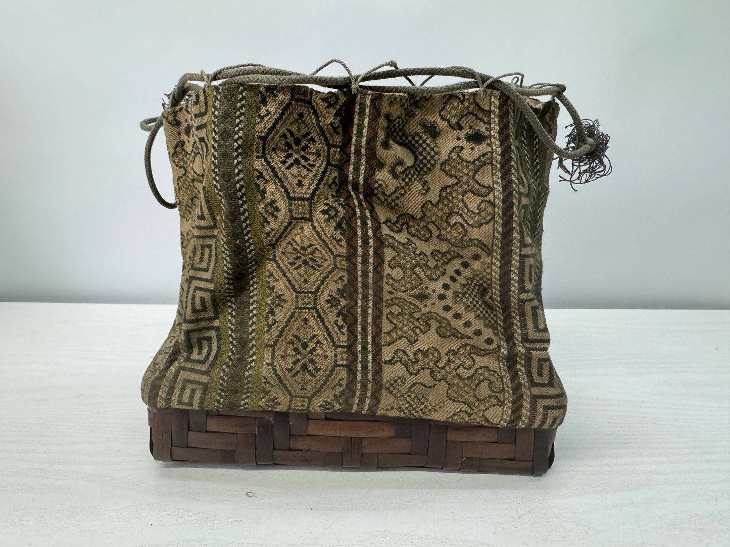 Y10718 Bamboo Woven Basket Tote bag drawstring pouch Japan antique fashion