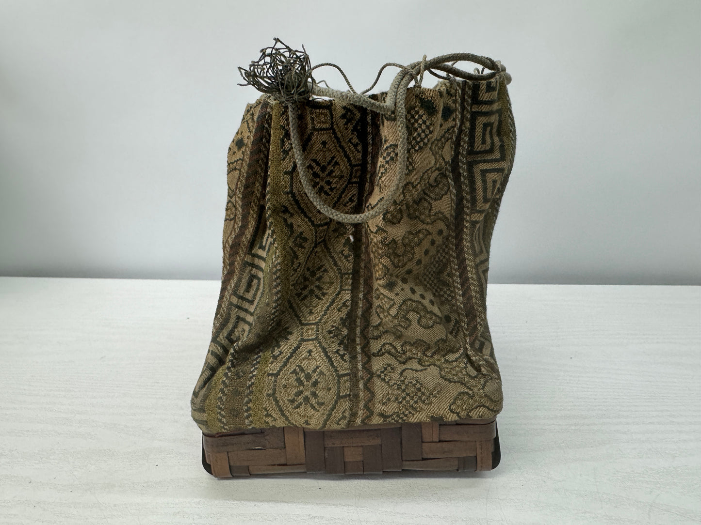 Y10718 Bamboo Woven Basket Tote bag drawstring pouch Japan antique fashion